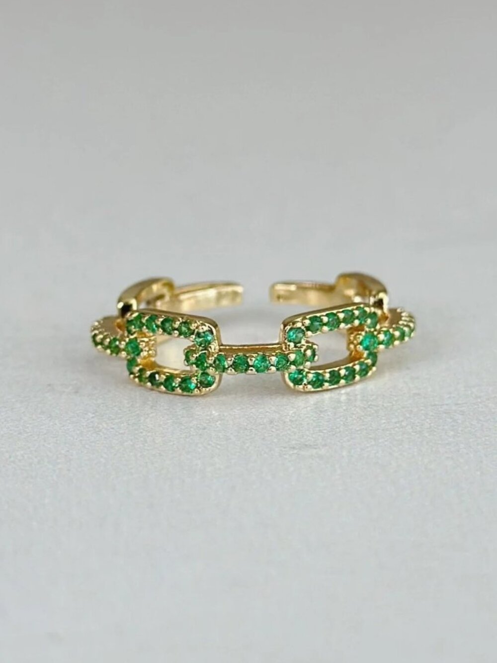 Green Chain Link 18K gold-plated Ring Sparkle Womens Size 7 CZ Pave Open Back